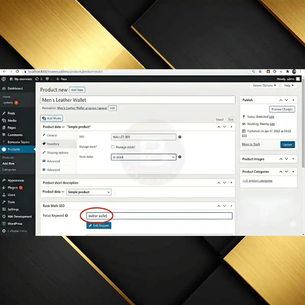 Rank Math SEO analysis results showing checklist for WooCommerce product upload optimization.