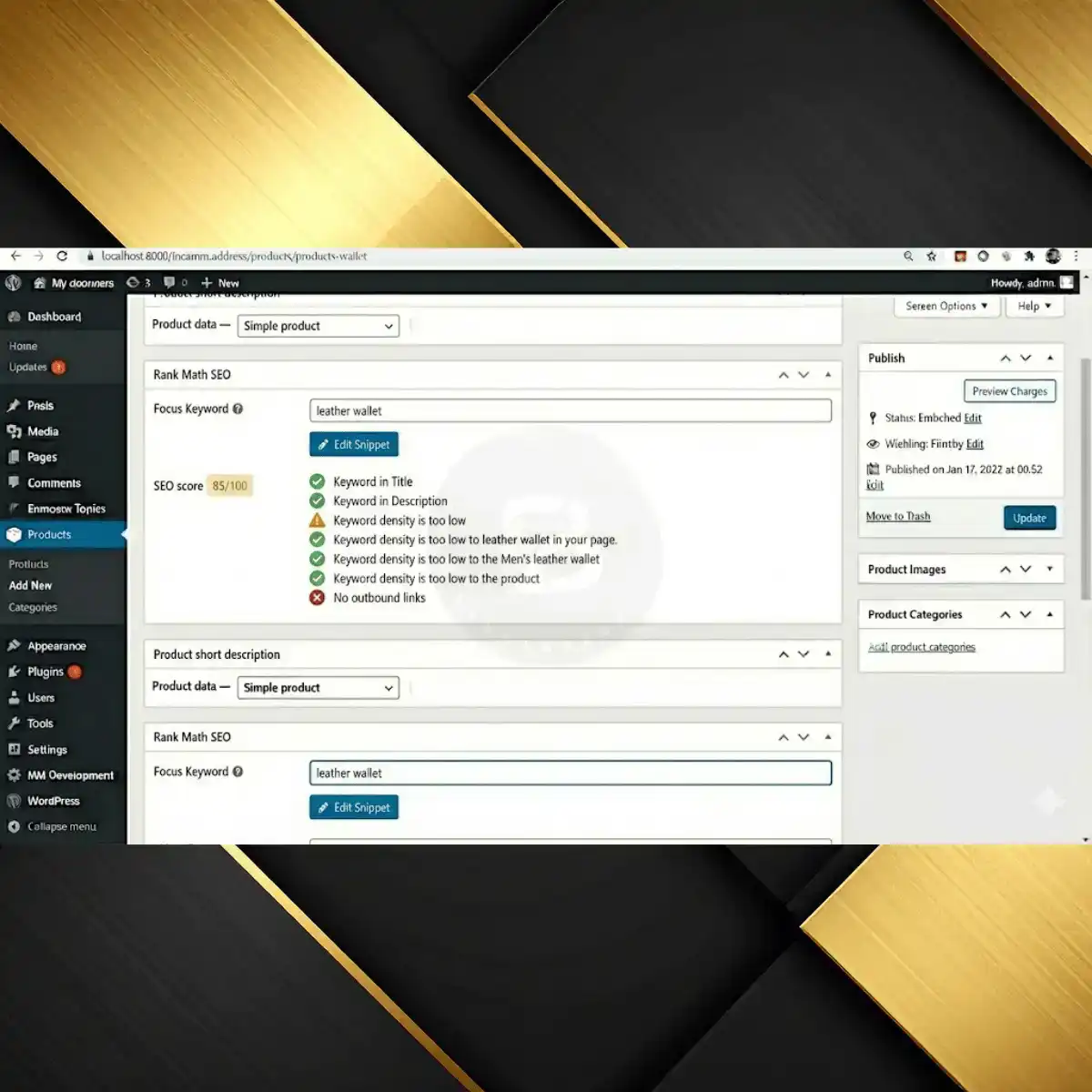 Right sidebar options to set product image and publish the WooCommerce product upload.