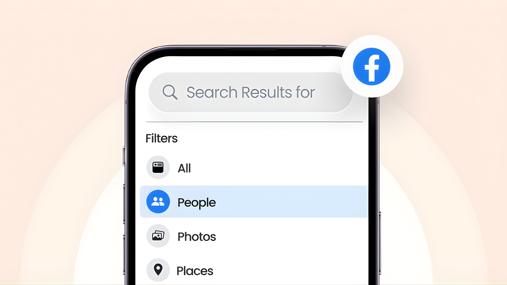Facebook mobile application search interface demonstrating filter options visible at the top of the results screen