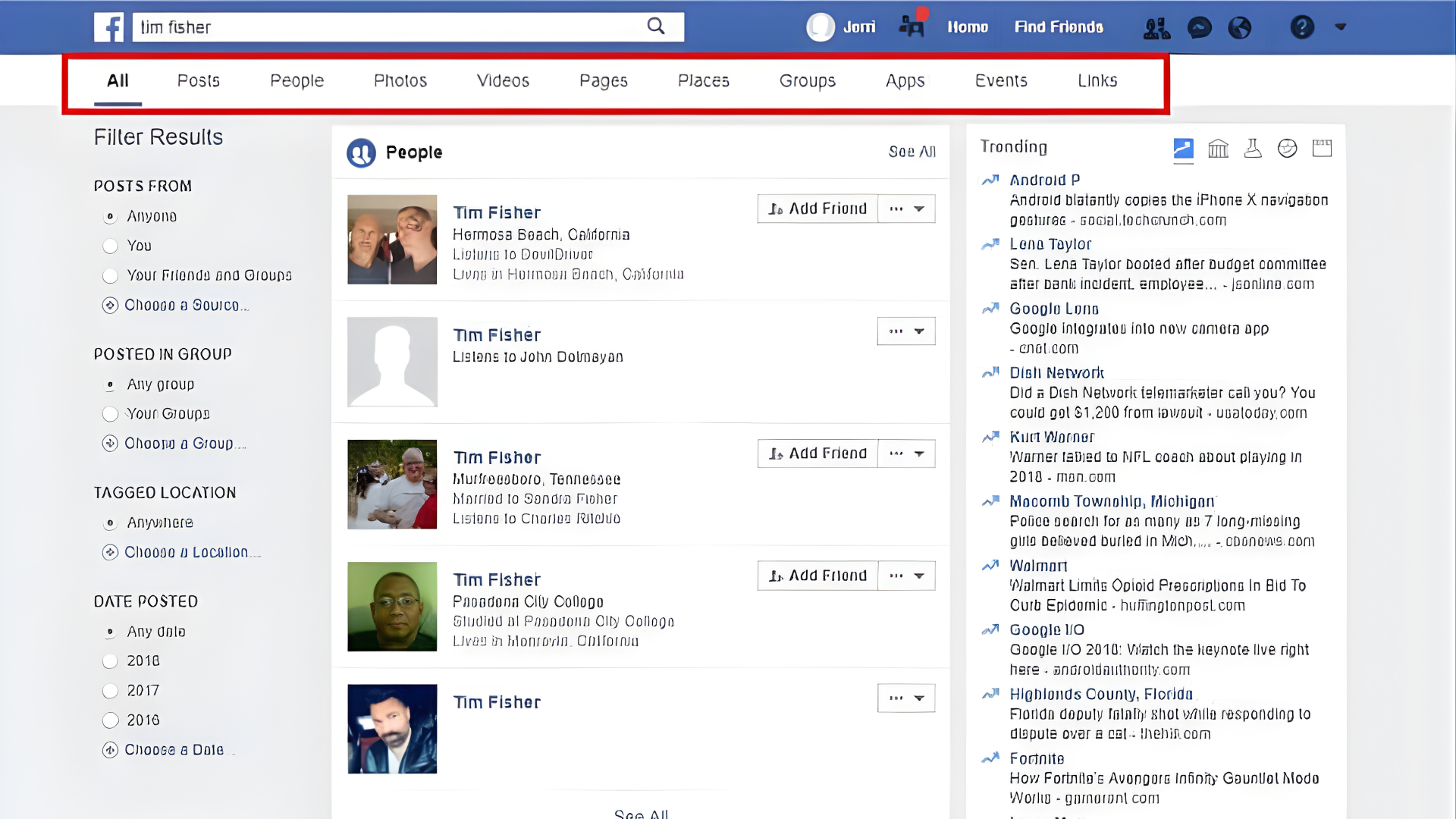 Facebook search results page displaying top navigation tabs for filtering by All, Posts, People, Photos, and Pages