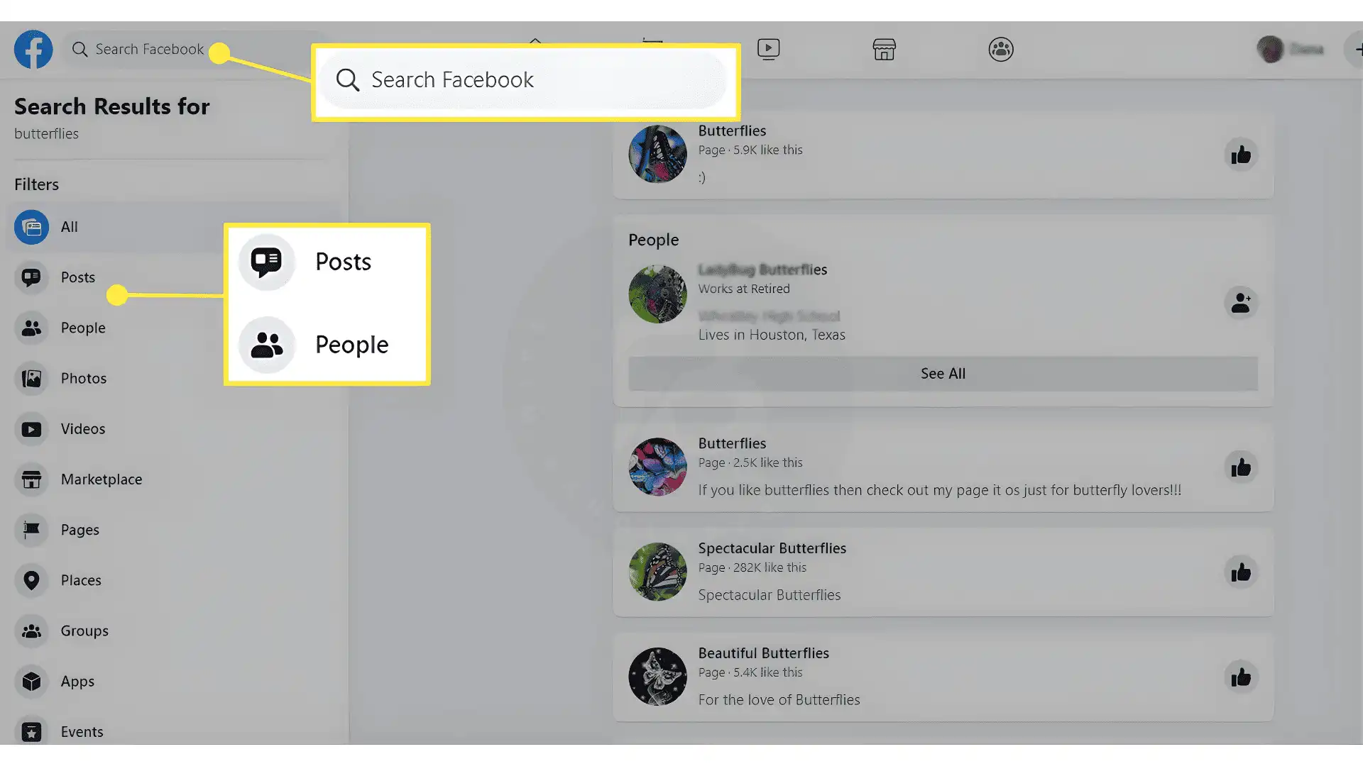 Facebook desktop homepage interface showing the main search bar located at the top header.